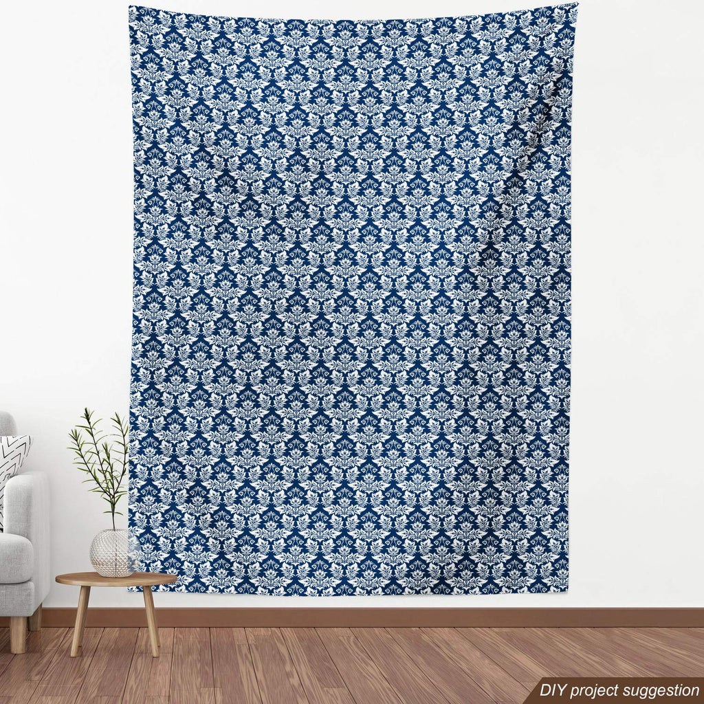 Damask Fabric by The Yard, Antique Floral Ornament with Baroque Curls Curves Foliage Nature Theme, Decorative Fabric