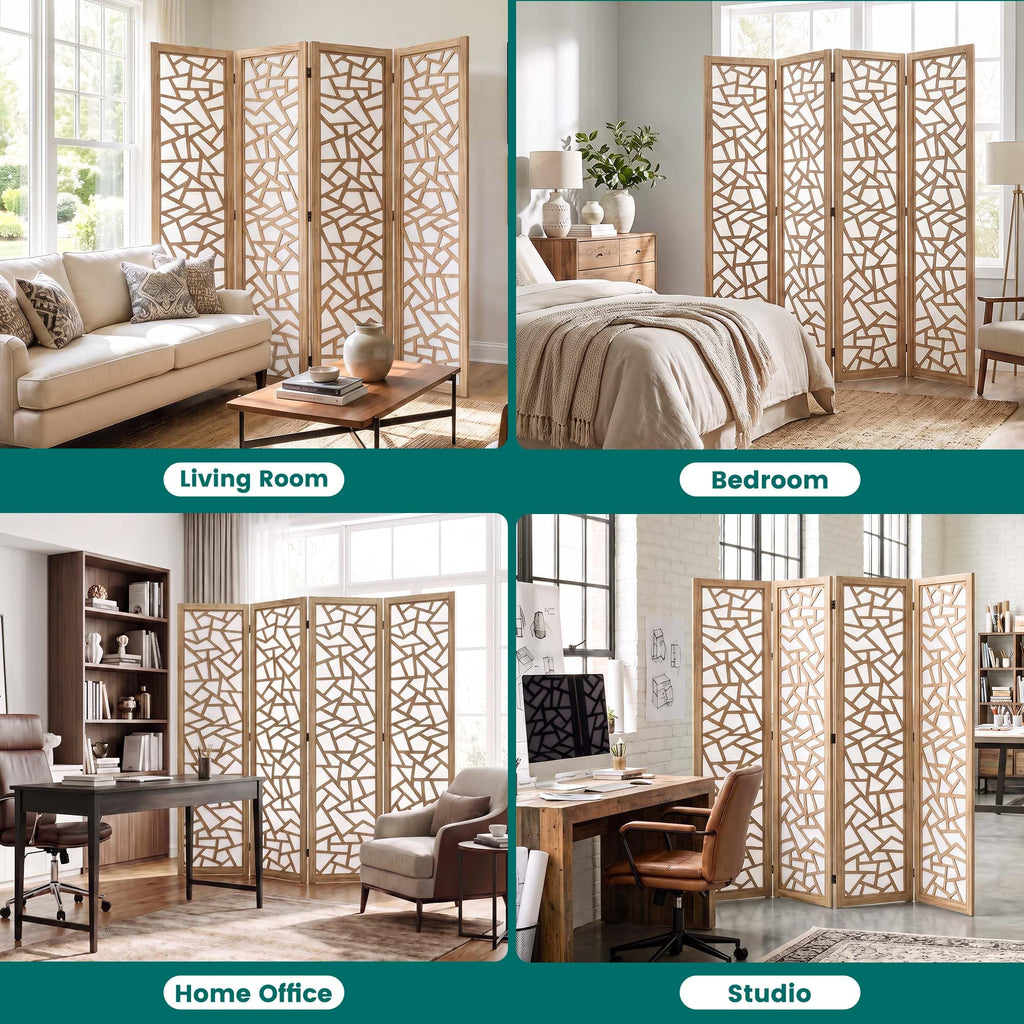 5.6FT Japanese Geometric Fabric 4-Panel Room Divider, Natural