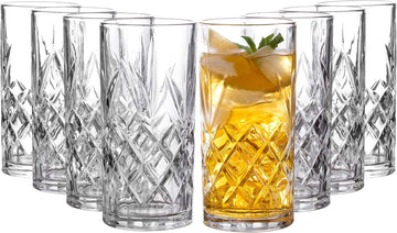 Kinsley Tall Highball Glasses Set of 8, 12 Ounce Cups, Textured Designer Glassware for Drinking Water, Beer, or Soda