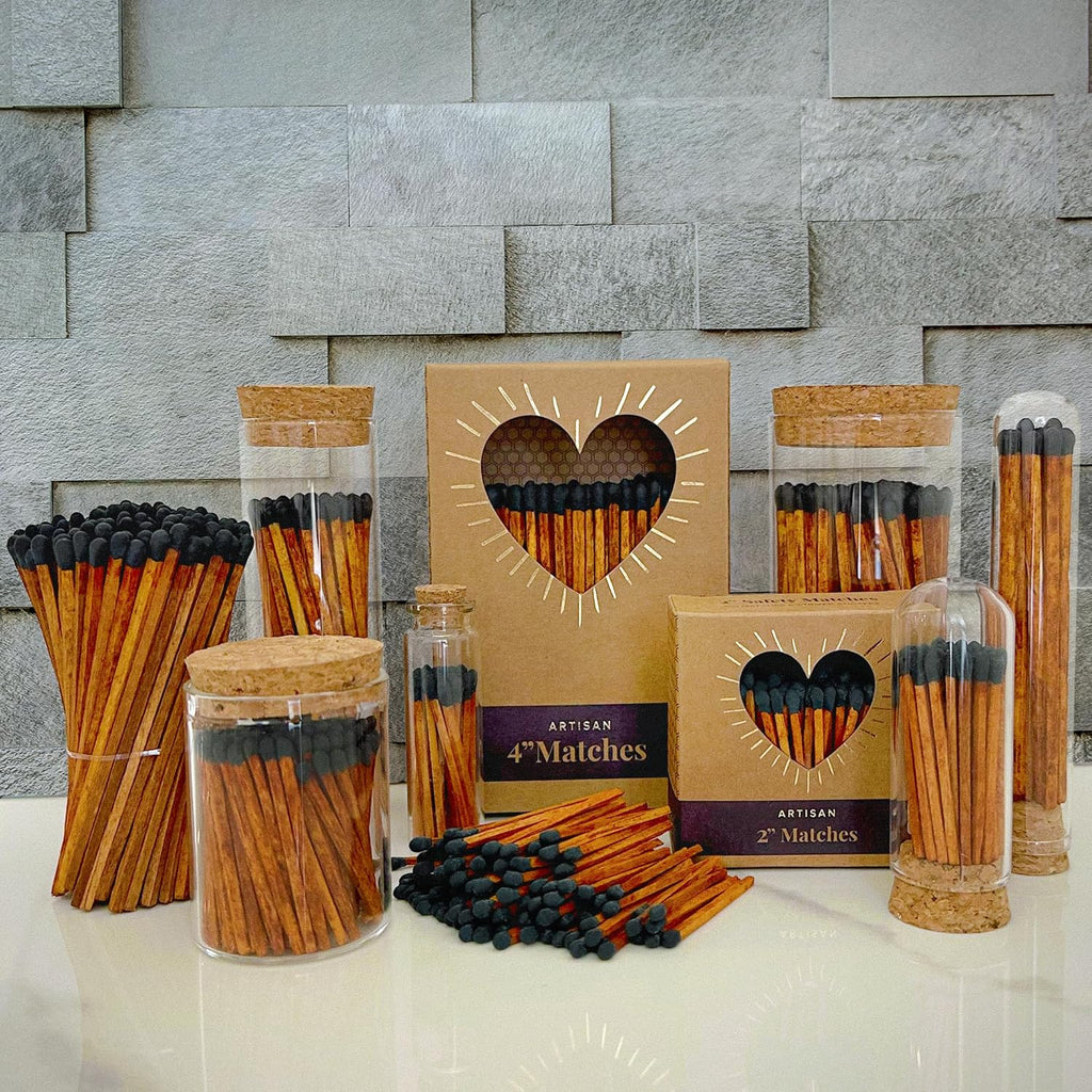 2" Espresso Matches in 3 Mini Cloche Jars + Striker Stickers Included | 100 Brown Stick Black Tip Decorative Matches