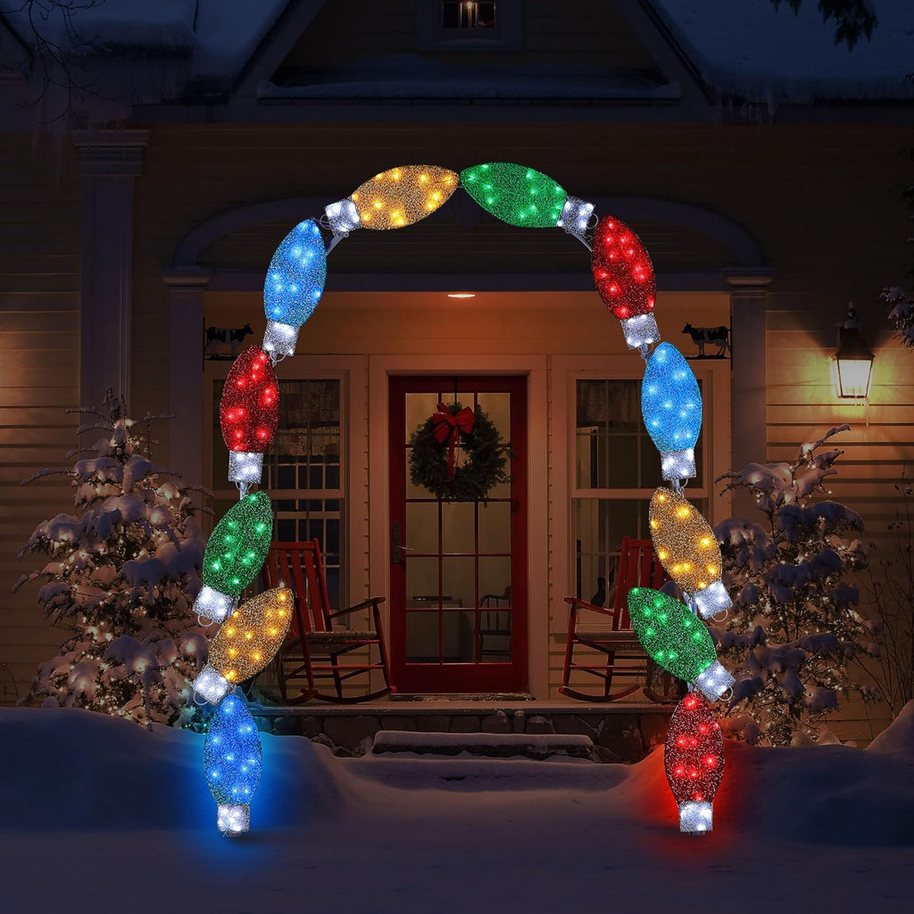 8 ft. Illuminated Tinsel C9 Bulb Arch with Warm White LED Lights, Outdoor Christmas Archway Decoration