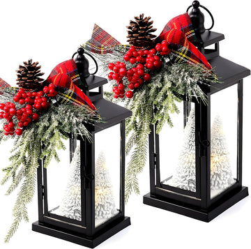 2Packs 14" Lighted Christmas Lanterns, Hanging Christmas Lantern Decorative with Snow-Covered Tree, Bow & Pine Cone