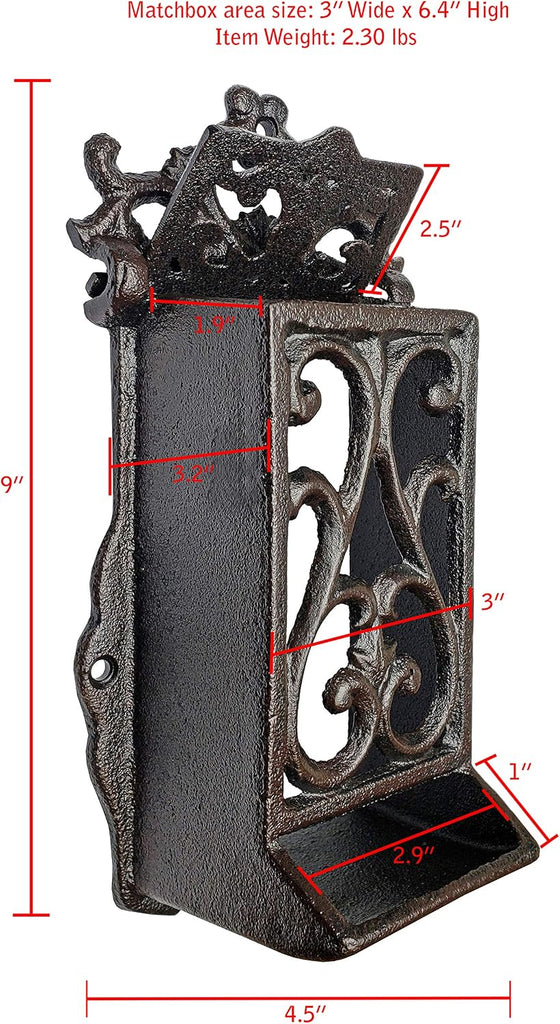 Cast Iron Matchbox Holder, Vintage Matches Box for Long Matches, Antique Black Match Holder, Rustic Wooden Matches
