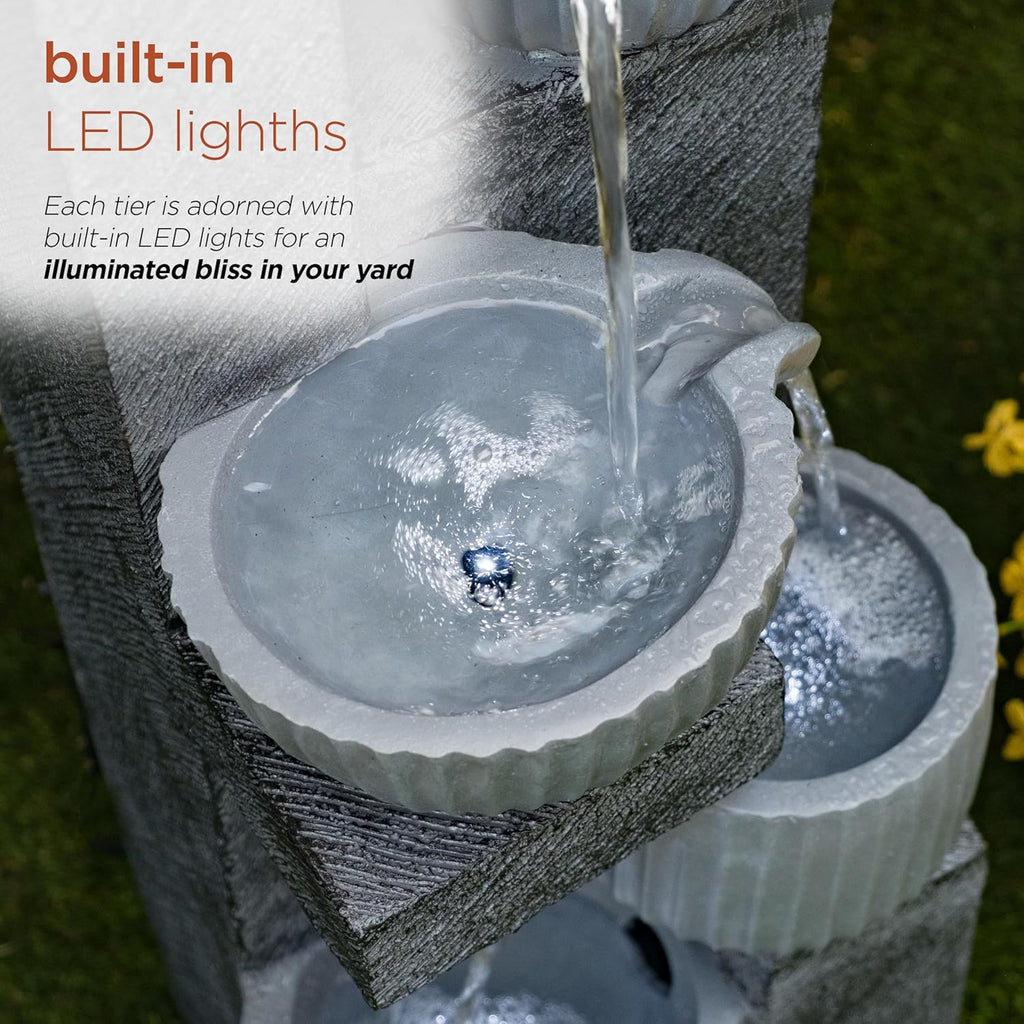 40" Tall Outdoor 5 Tiered Pot Decorative Waterfall Floor Fountain with LED Lights, Perfect for Patios, Yards