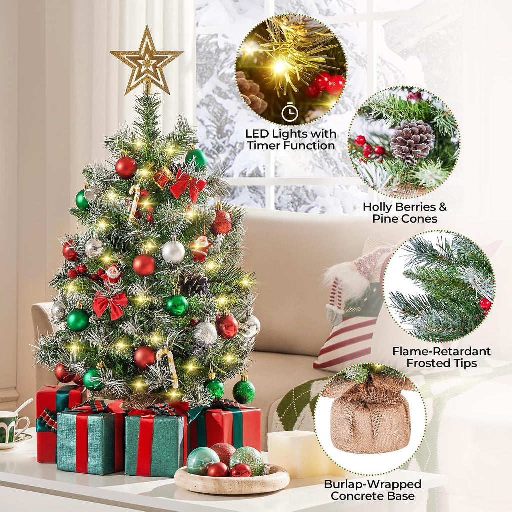 Set of 2 3ft Pre-Lit Tabletop Mini Christmas Trees with Berries