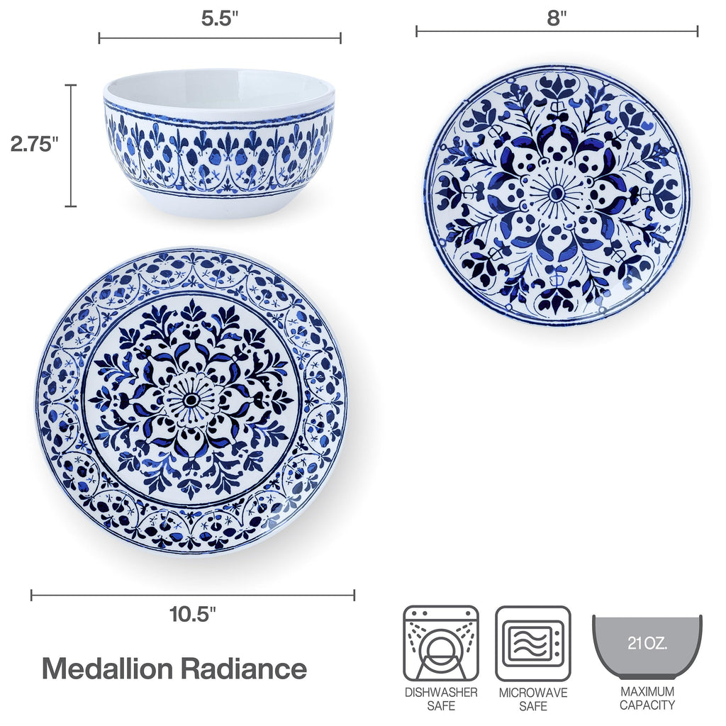 Medallion Radiance 12 Piece Stoneware Dinnerware Plate Bowl Dish Set, Service for 4, Blue