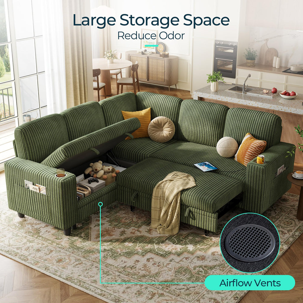 Pull Out Sofa Bed Sectional Sleeper Sofa with Storage, Plush Corduroy Pullout Modular Sectional Couches, L Shaped