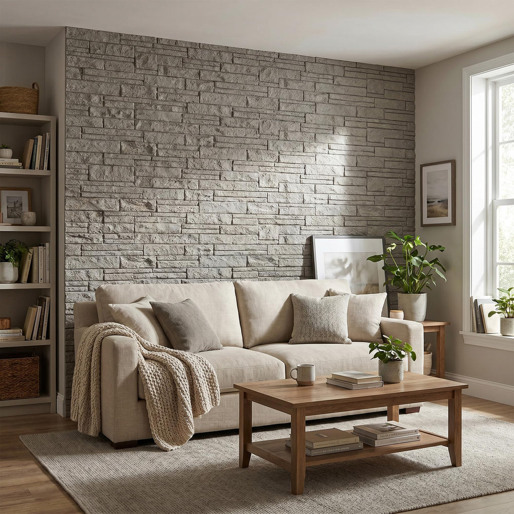 3D Stacked Ledger Stone PU Wall Panels, 23.6"x47.2" Speckled Grey