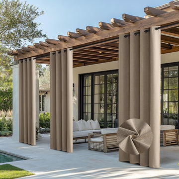Outdoor Curtains Waterproof, Thermal Insulated Linen Textured 100% Blackout Outside Drapes for Gazebo, Privacy Sun