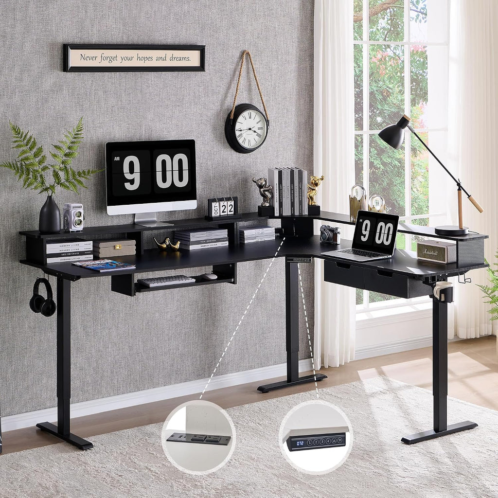 75x60 Inches L Shaped Electric Standing Desk, Carbon Fiber Black | Height Adjustable Corner Gaming Desk with Drawer
