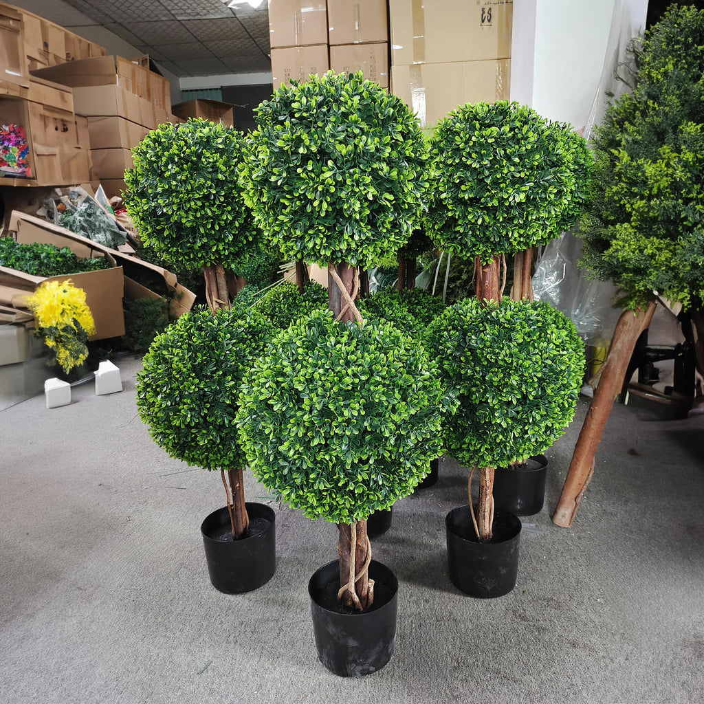 Lifelike Indoor&Outdoor use 3Ft Boxwood Double Ball Topiary Trees Faux Topiary Tree for Porch, Home, Garden Decor(Set