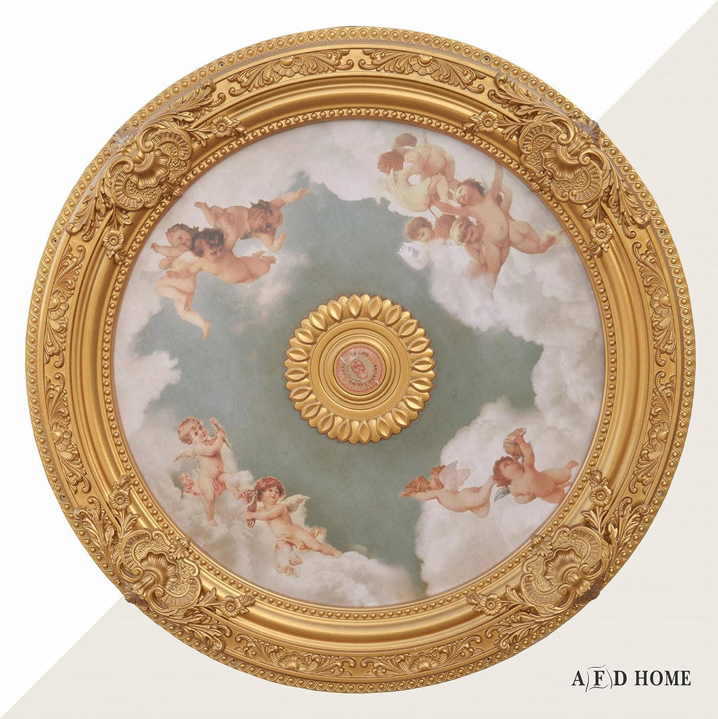 Antique Cherubs Sky Gold Trim Round Chandelier Ceiling Medallion for Home Improvement 36 Inch Diameter Polystyrene