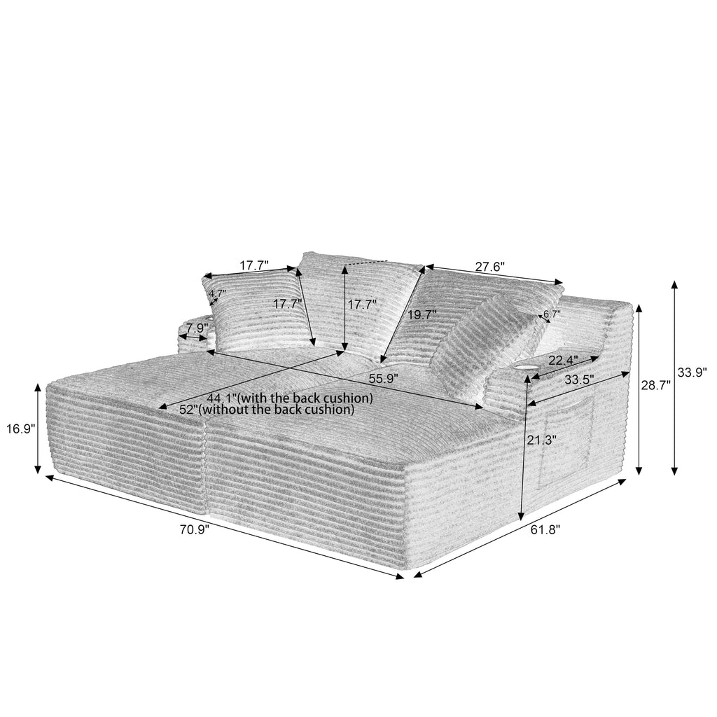 Oversized Double Chaise Lounge Indoor with Cup Holders & Side Pocket, 71" Plush Corduroy Boneless Chaise Lounge Sofa