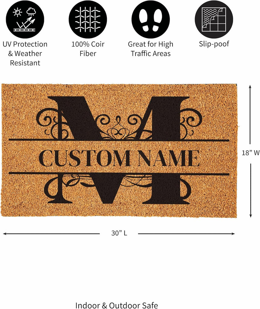 Flag Monogram Personalized Coir Doormat, 18x30 Inches Custom Name Door Mat, Front Door Welcome Mats with Rubber Back