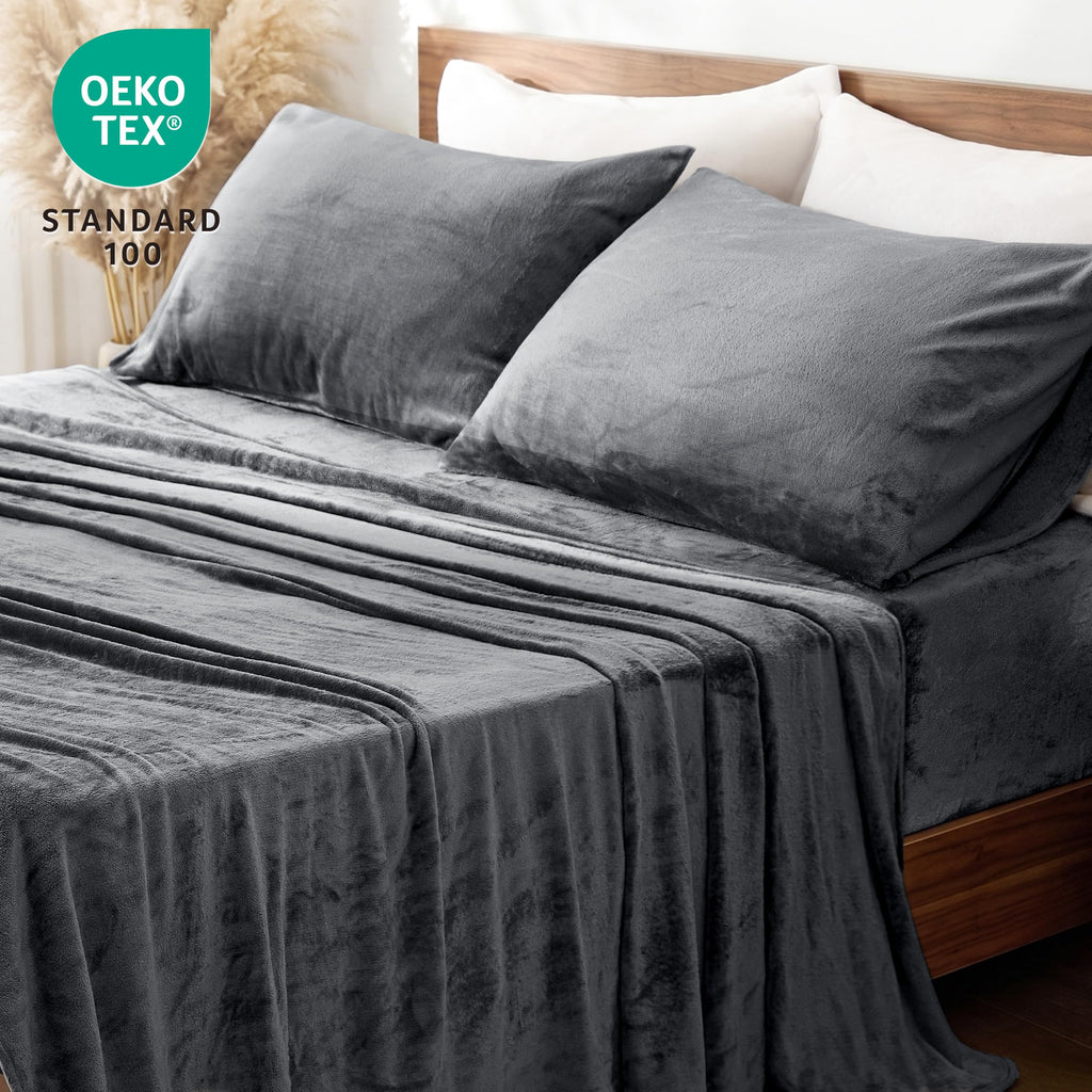 Flannel Sheets Set, Grey, 4 Pieces, 15" Deep Pocket