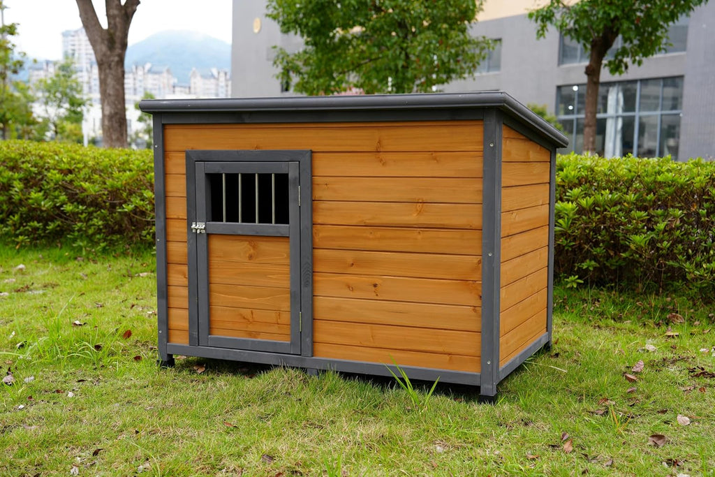 45" Large Wooden Dog House for Large Dogs, Outdoor Weatherproof Dog Kennel with PVC Roof, Lockable Breathable Wooden