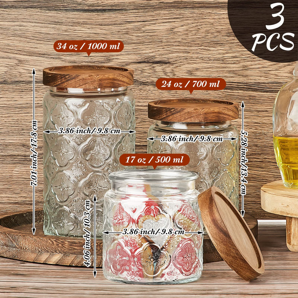 3 Pcs Glass Jars Wood Lids, 17/24/34 Oz Airtight Canisters, Round