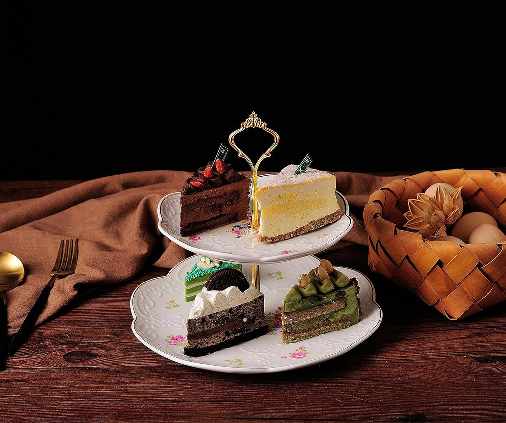 Embossed 3-tier Ceramic Cake Stand- Cupcake Stand with Golden Rim