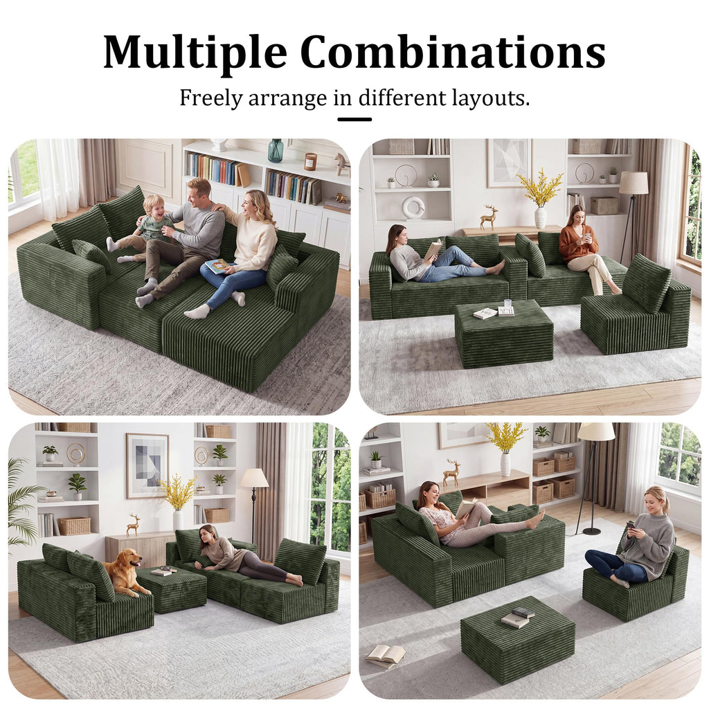 Boneless Couch U-Shaped Sectional Sofa with Left Facing Chaise 118''-Green