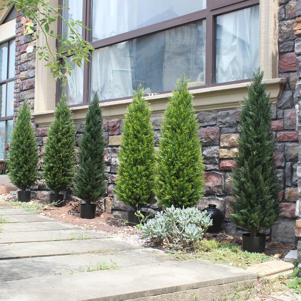 4ft Artificial Cedar Trees Artificial Topiary Trees Set of 2 Faux Cypress Plants UV Resistant Potted Bushes Faux