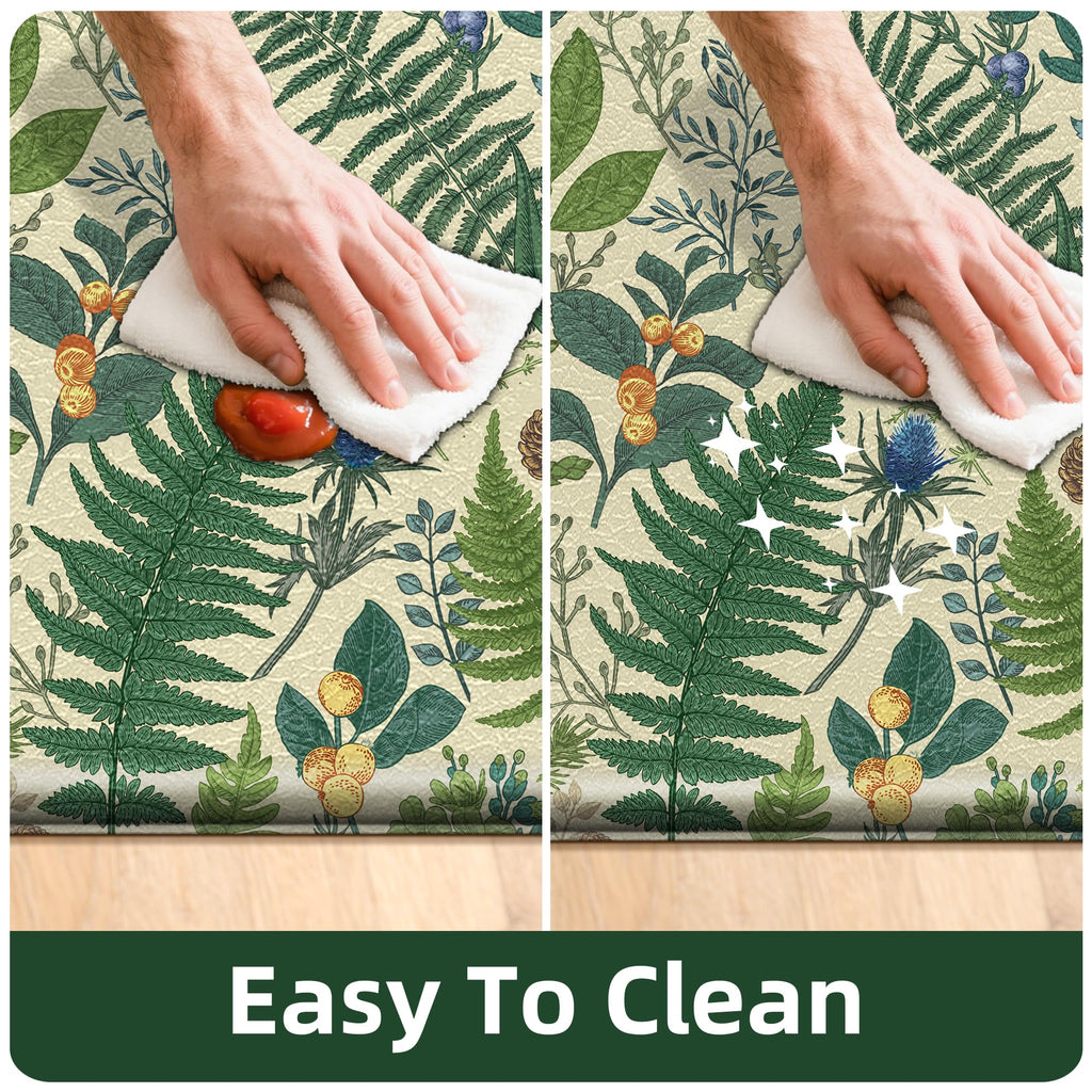 2PC Botanical Kitchen Rugs Set, Beige Green, 17.3"x28" + 17.3"x47"