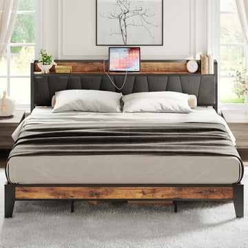 King Bed Frame, Storage Headboard with Charging Station, Solid and Stable, Noise Free, No Box Spring Needed