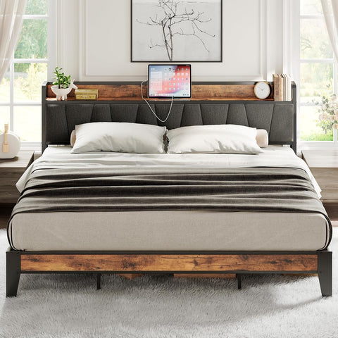 King Bed Frame, Storage Headboard with Charging Station, Solid and Stable, Noise Free, No Box Spring Needed