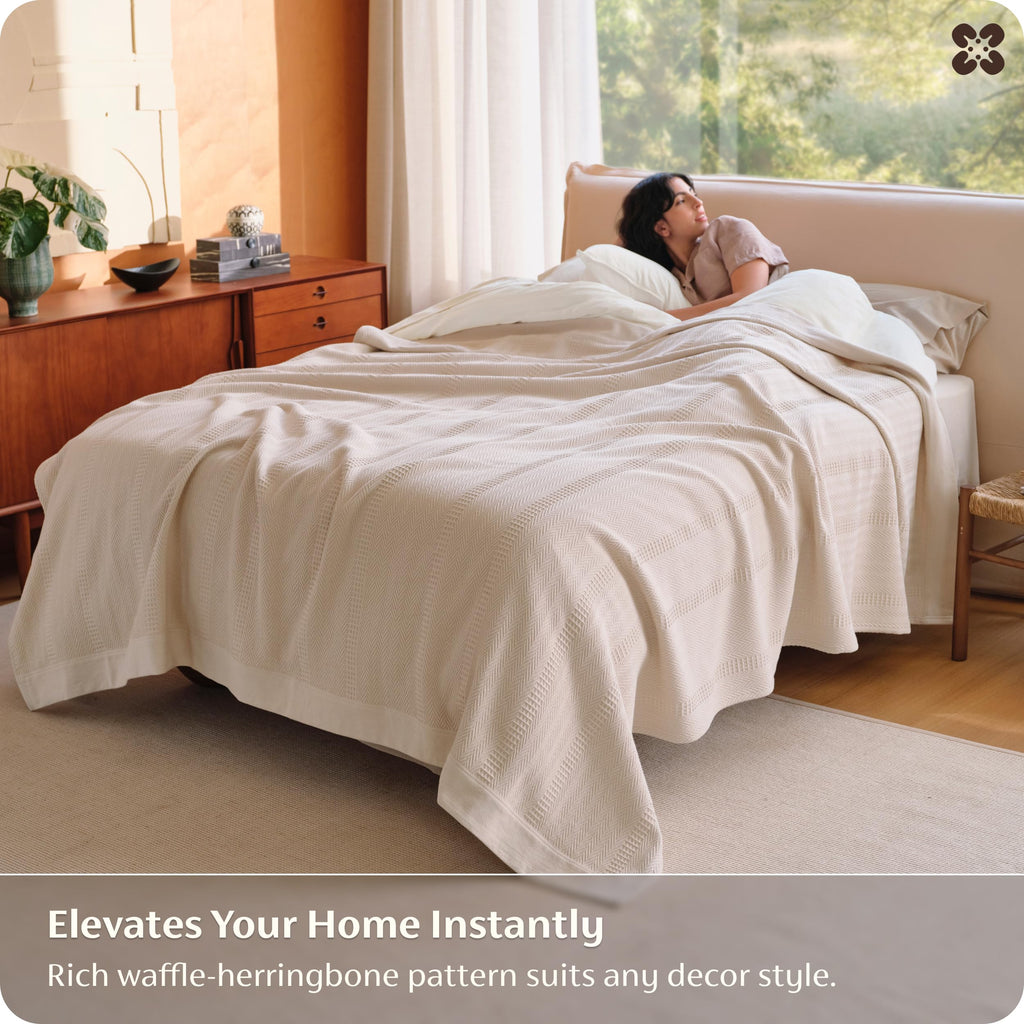 PureWoven 100% Organic Cotton Waffle Bed Blanket, Warm Beige