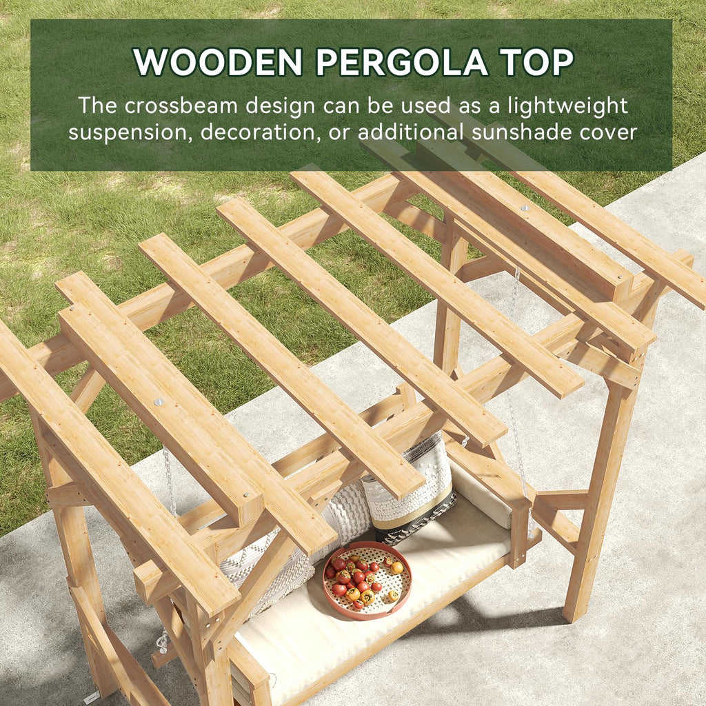 Porch Swing Cedar Wood Pergola with 3-Seat Hanging Bench, Natural