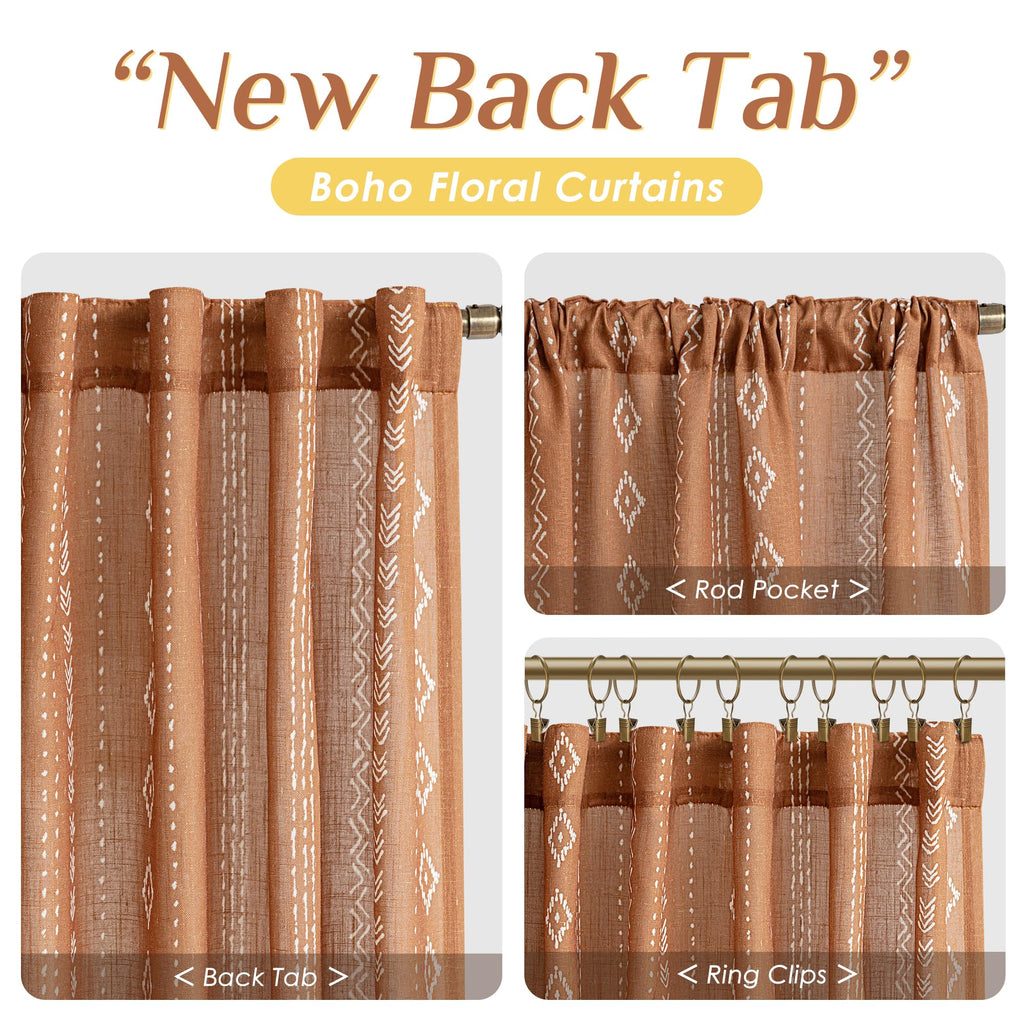 Terracotta Linen Curtains with Geometric Stripe Pattern Light Filtering Semi Sheer Drapes Rust Colored Boho Farmhouse