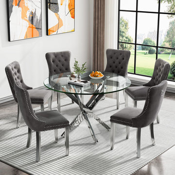 7 Piece Round Dining Table Set with 6 Upholstered Chairs, 47'' Glass Round Kitchen Table Set for 6, X-Shape Metal
