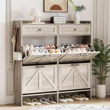 Shoe Cabinet with 4 Flip Drawers & 2 Top Drawers, 43" Tall Freestanding Narrow Wooden Shoe Storage Organizer, Hidden