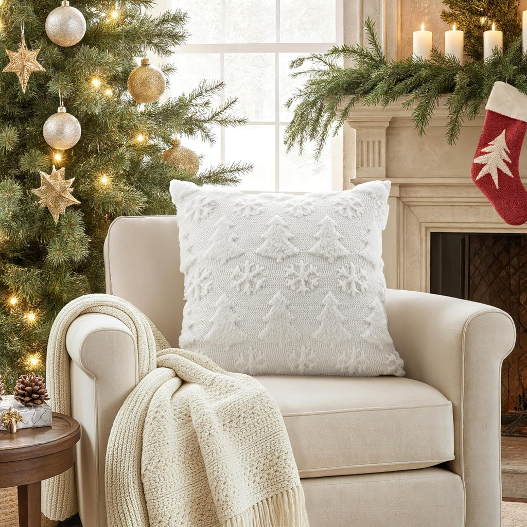 Christmas Decorations Pillow Covers 18x18 White Tree Snowflakes - Set of 2