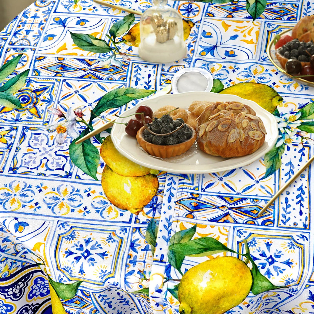 Blue Outdoor Tablecloth with Umbrella Hole for Round Table, Waterproof Lemon Patio Table Cloth with Zipper - 60 x 60