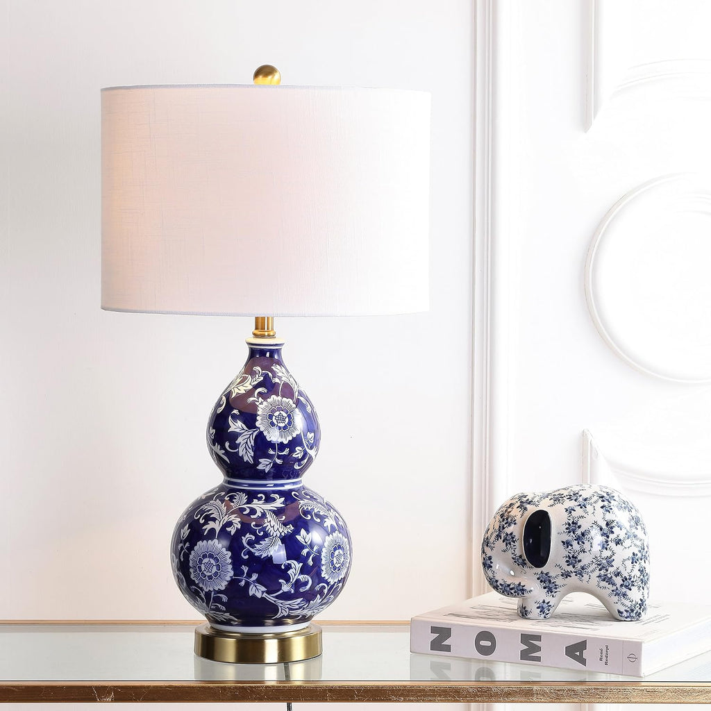 27" Blue/White Ceramic Chinoiserie Table Lamp, Traditional Floral Double Gourd Vase Lamp with White Linen Drum Shade