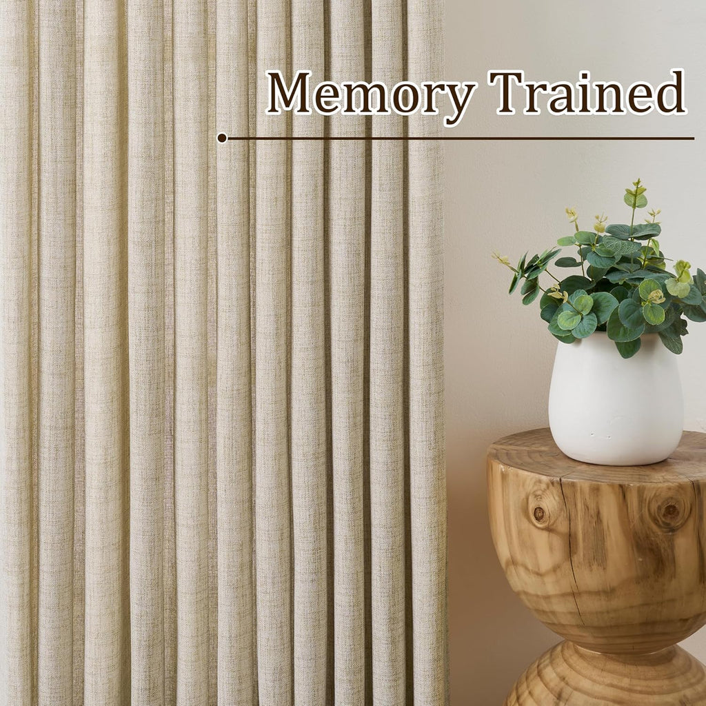 Beige Sheer Pinch Pleated Curtains 2 Panels, Back Tab Pleated Drapes Hooks Thick Linen Textured Boho