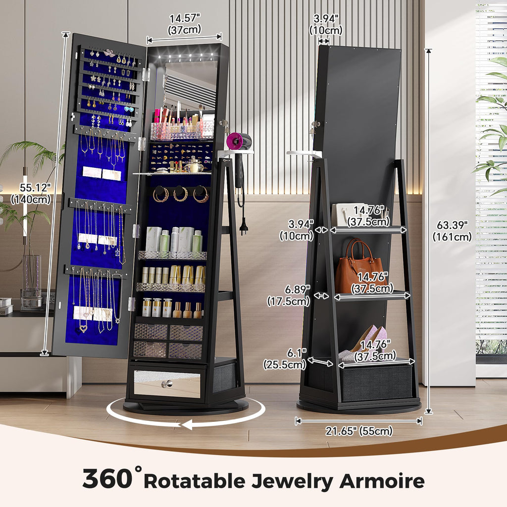 Jewelry Cabinet with LED Mirror, 360° Swivel & Remote Control, Black