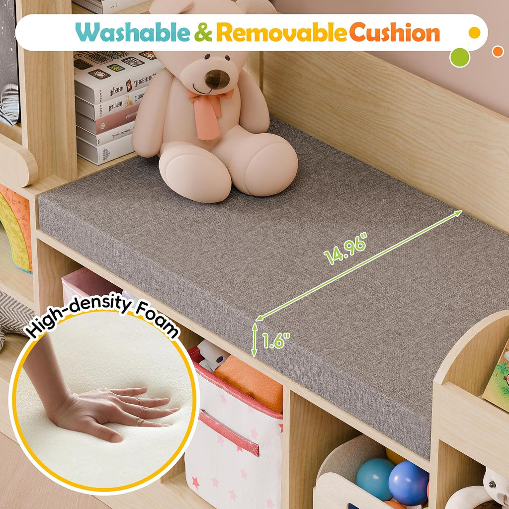 MU Kids Bookshelf with Reading Nook, Wooden Toy Storage Organizer with Chalkboard and Bench, Kids Reading Nook for