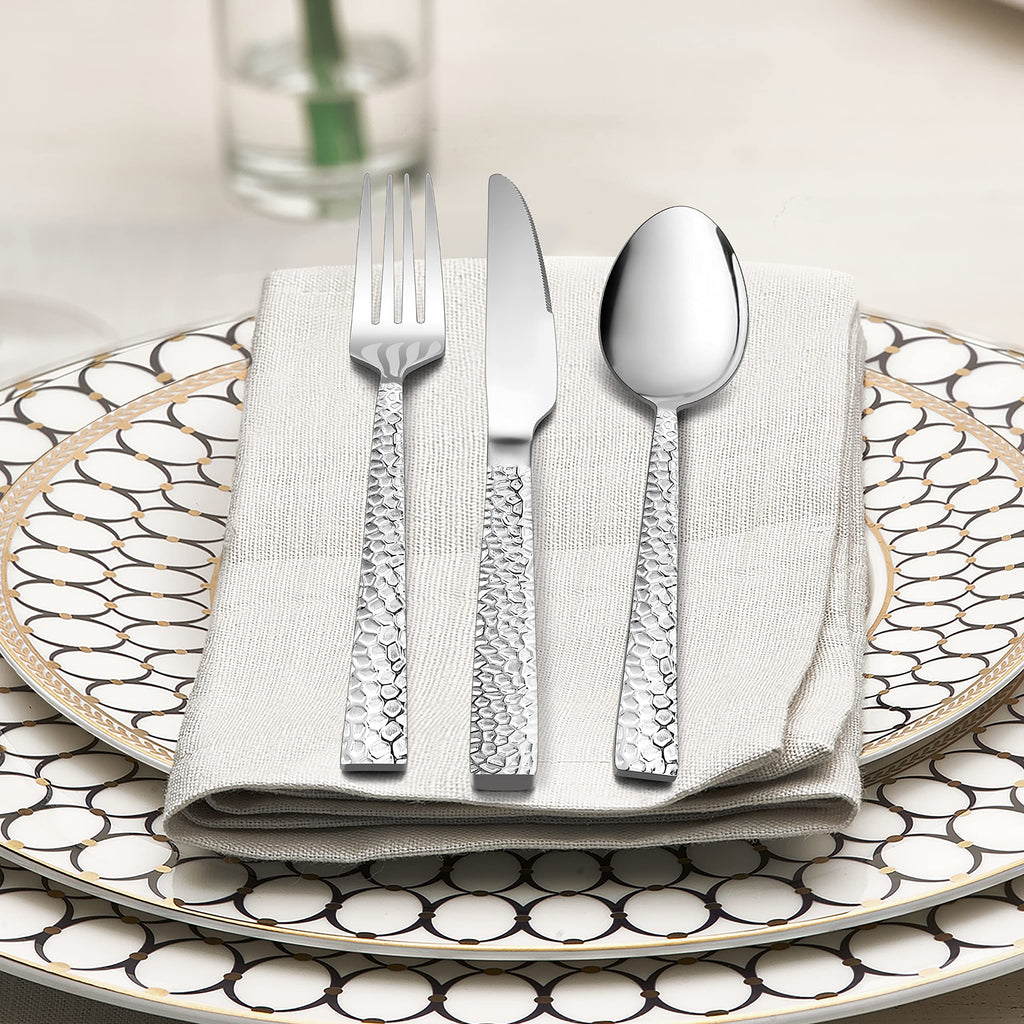 24 Pieces Hammered Forks and Spoons Silverware set (7.9 Inches), Stainless Steel Flatware Cutlery