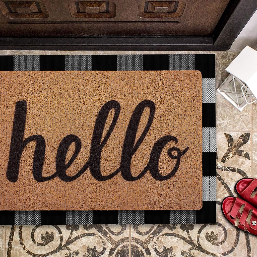 2 Pcs 24'' x 35.5'' Buffalo Plaid Checkered Rug with 18'' x 30'' Hello Doormat, Rubber Non Slip Front Door Mat