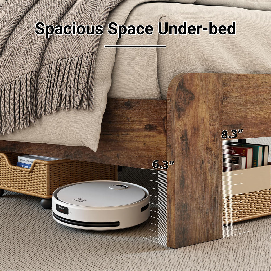 Wooden Bed Frame with Storage Headboard, Rustic Farmhouse Platform Bed Frame with Charging Station &