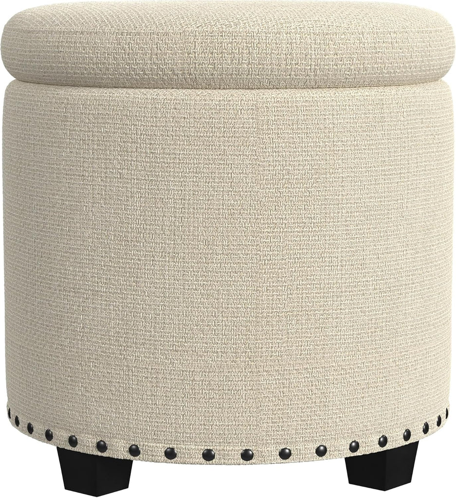 18.5" Round Storage Ottoman with Nailheads - Cream Woven