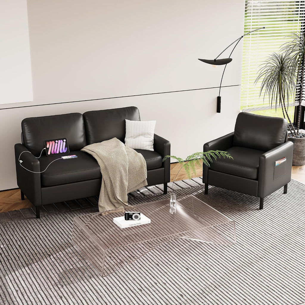 Black Faux Leather Accent Chairs with Arms, Waiting Room, Modern - Set of 2
