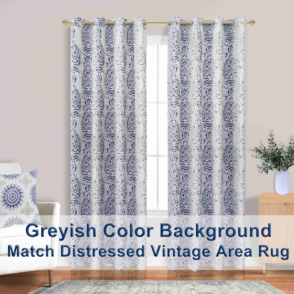 84 Inch Length Navy Blue Pattern Curtains 2 Panel Set Grommet Damask Medallion Print Textured Grey Cream White