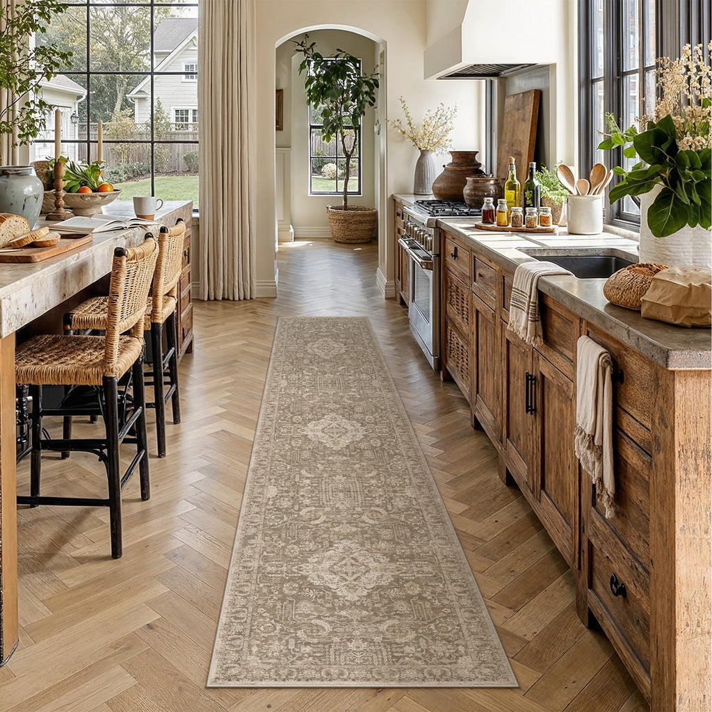 Taupe Vintage Distressed Washable Runner Rug