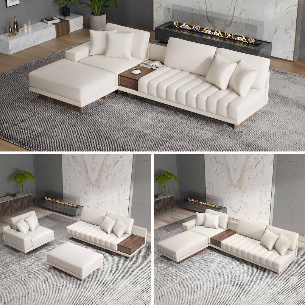 Leather Sectional Sofa - 126" Oversized L-Shaped Modular Couch with Storage Table & Ottoman, White Sofa for Modern