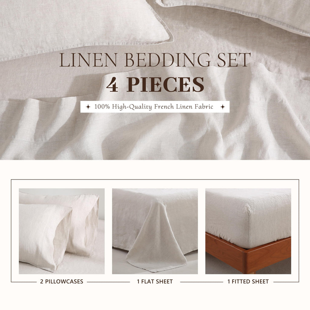 100% French Linen Sheets Set King Size-(Natural Linen, 4Pcs)