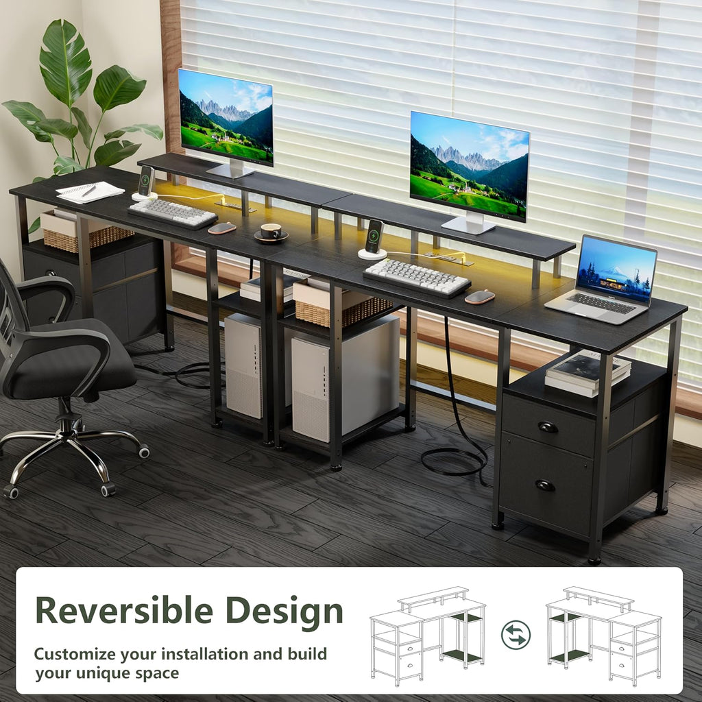 51" Gaming Desk with Power Outlets & LED Lights, Reversible Computer Desk with File Cabinet & Monitor Stand , Large