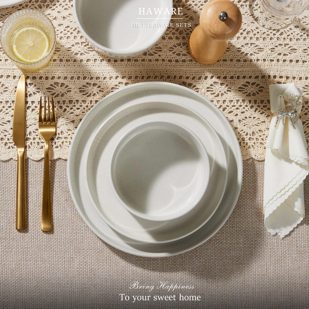Dinnerware Sets, Plates and Bowls Set for 6, Speckled Ivory White