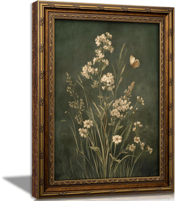 Vintage Gold Framed Botanical Wall Art Dark Green Botanical Floral Painting Picture Wall Decor Simple Cottagecore